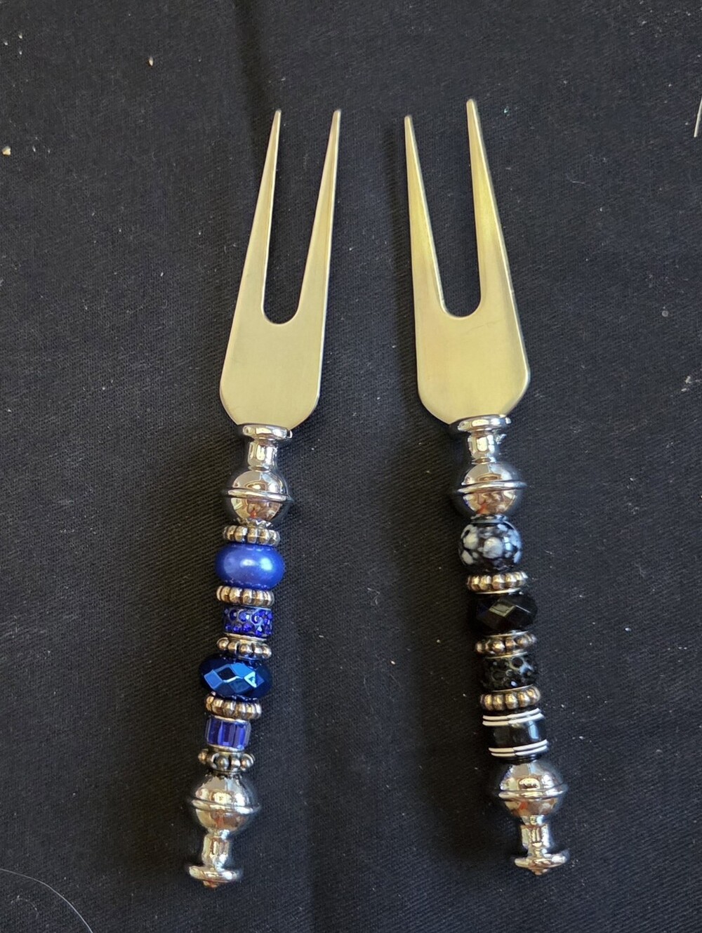 Beaded Two-Prong Appetizer Forks – Blue and Black Set
